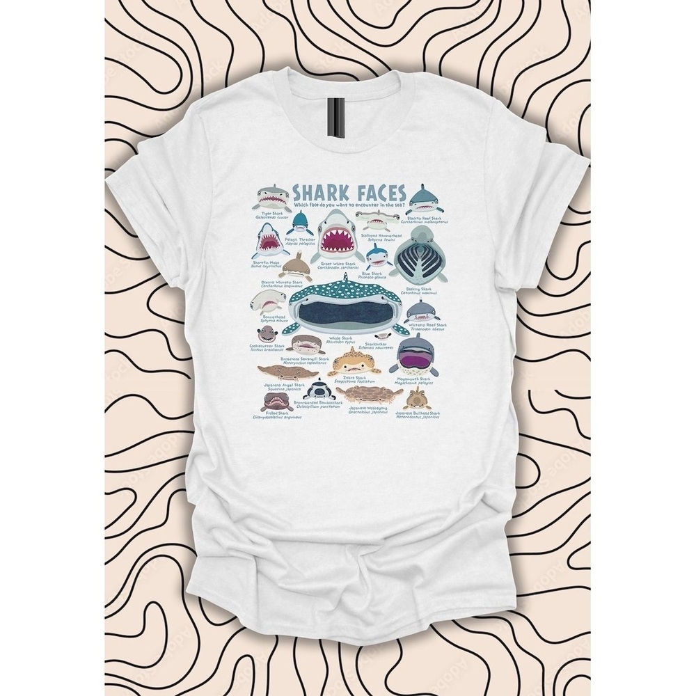 Shark Faces T-Shirt  Funny Shark Species Tee White